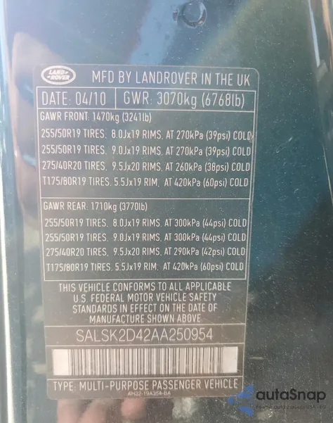 2010 Land Rover Range Rover Sport Lux from USA, damaged, VIN SALSK2D42AA250954